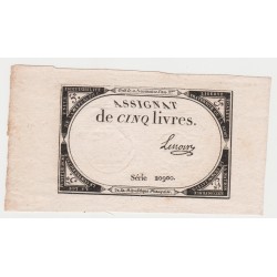 ASSIGNAT ÜBER 5 LIVRES - 10 BRUMAIRE JAHR 2 - 31/10/1793 - SERIE 20900