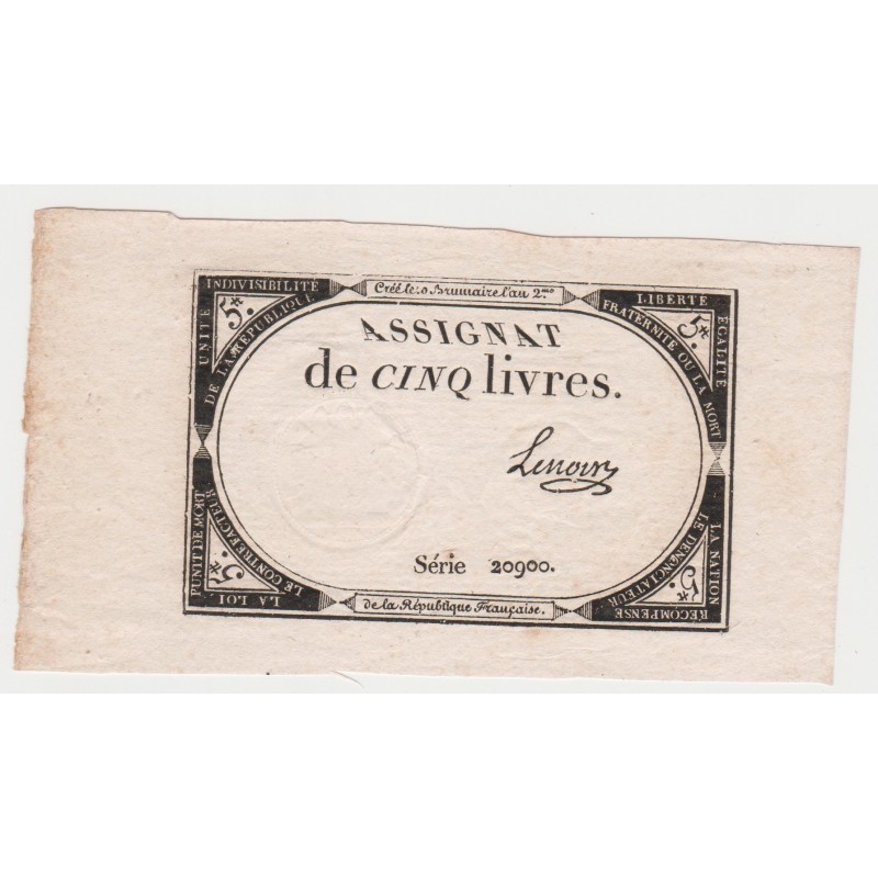 ASSIGNAT ÜBER 5 LIVRES - 10 BRUMAIRE JAHR 2 - 31/10/1793 - SERIE 20900