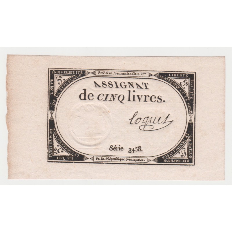 ASSIGNAT DE 5 LIVRES - 10 BRUMAIRE AN 2 - 31/10/1793 - SÉRIE 3458