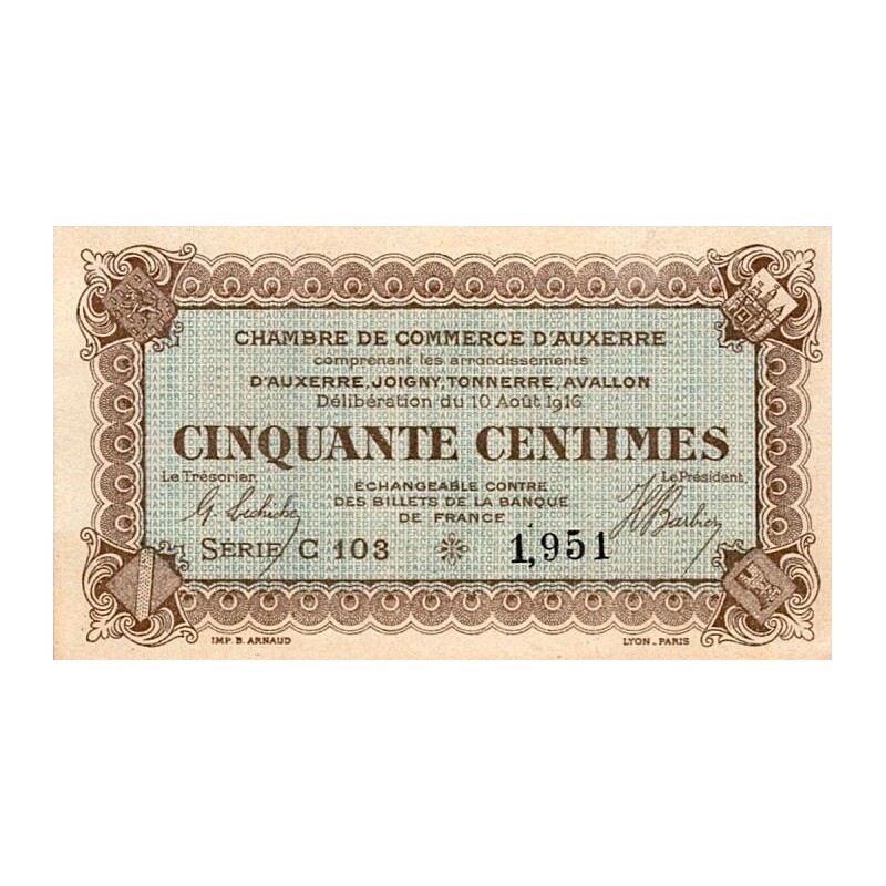 89 - AUXERRE - 50 CENTIMES - 10 AOUT 1916 - CHAMBRE DE COMMERCE