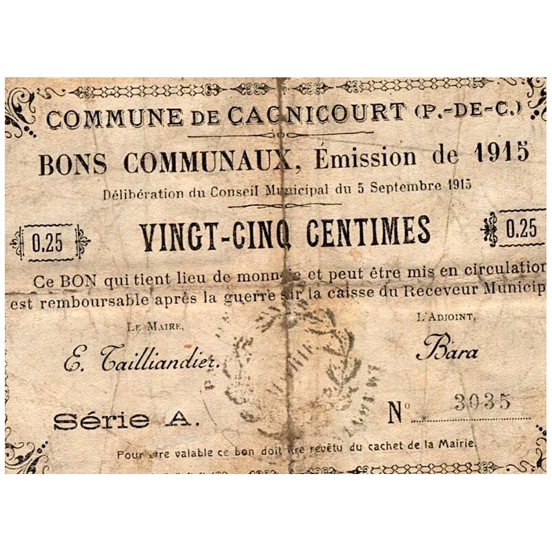 COUNTY 62 - CAGNICOURT - COMMUNAL BONDS - 25 CENTIMES - SEPTEMBER 5, 1915