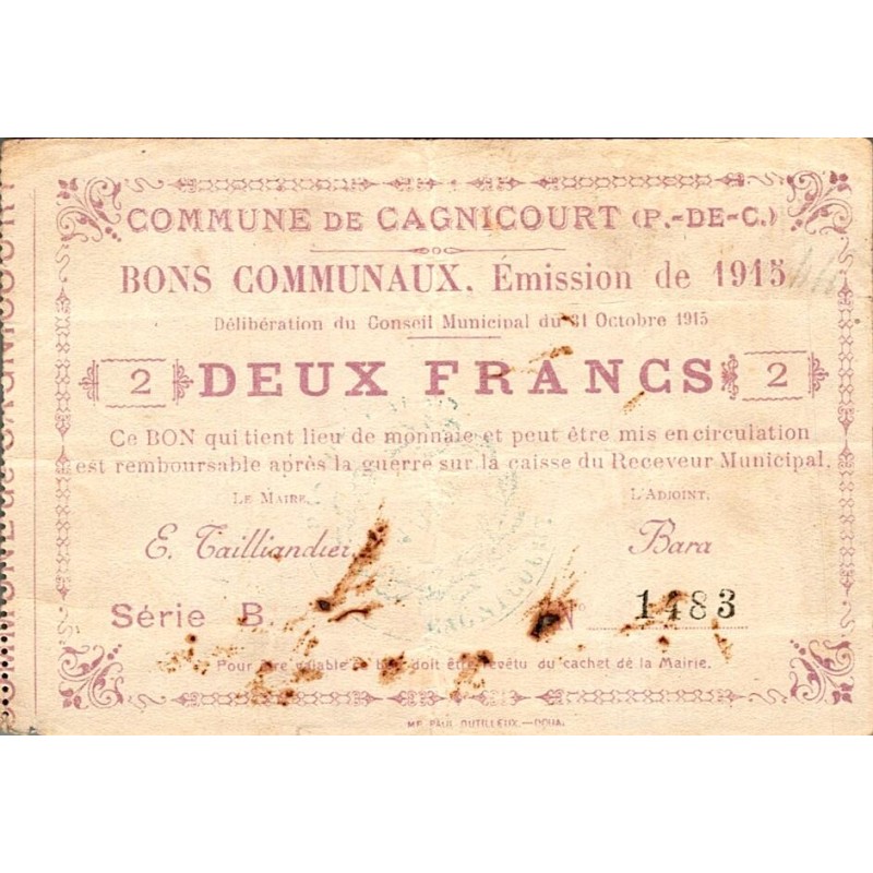 COUNTY 62 - CAGNICOURT - COMMUNAL BONDS - 2 FRANCS - OCTOBER 31, 1915