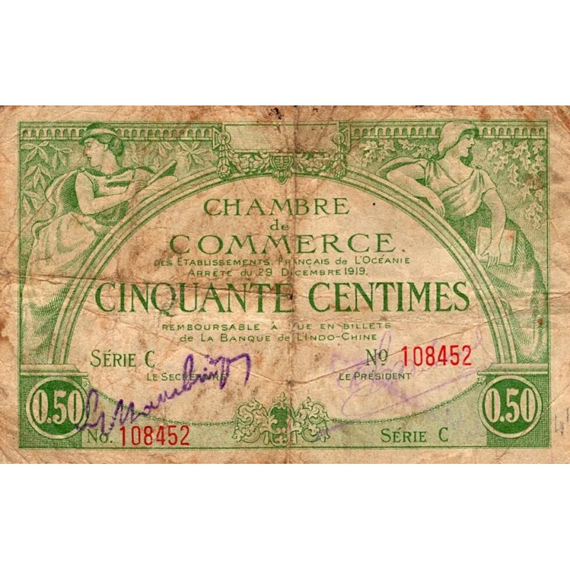 ETABLISSEMENT FRANCAIS DE L'OCEANIE - CHAMBRES DE COMMERCE - 50 CENTIMES  - 29/12/1919