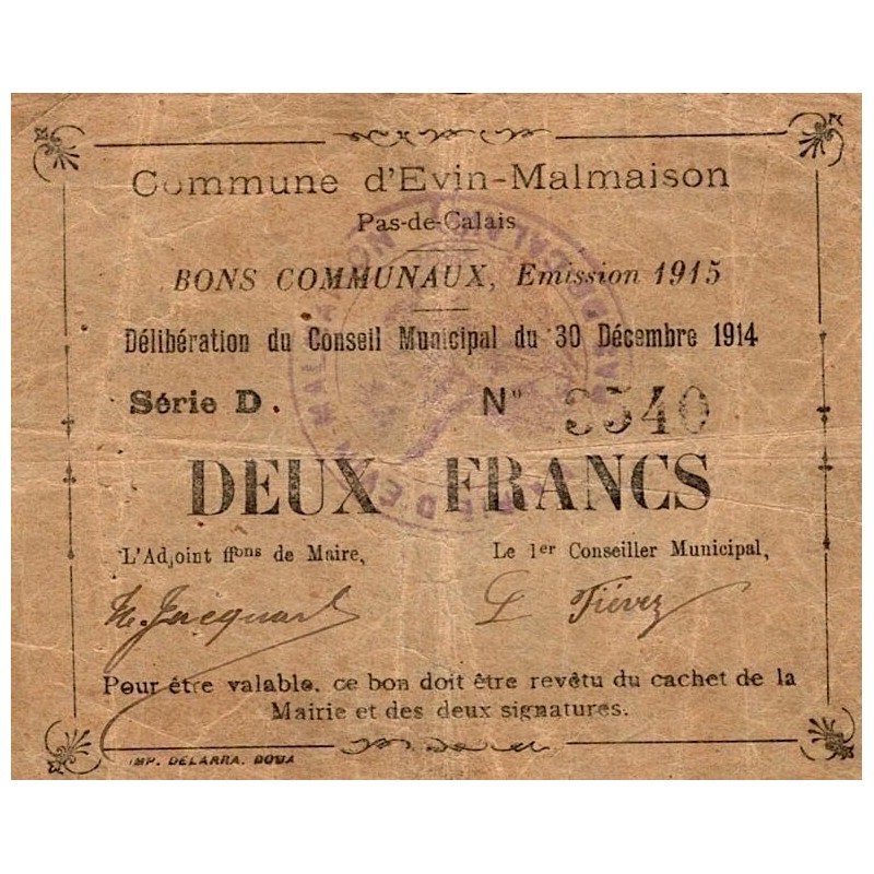 62 - EVIN-MALMAISON - BON COMMUNAUX - 2 FRANCS - EMISSION 1915