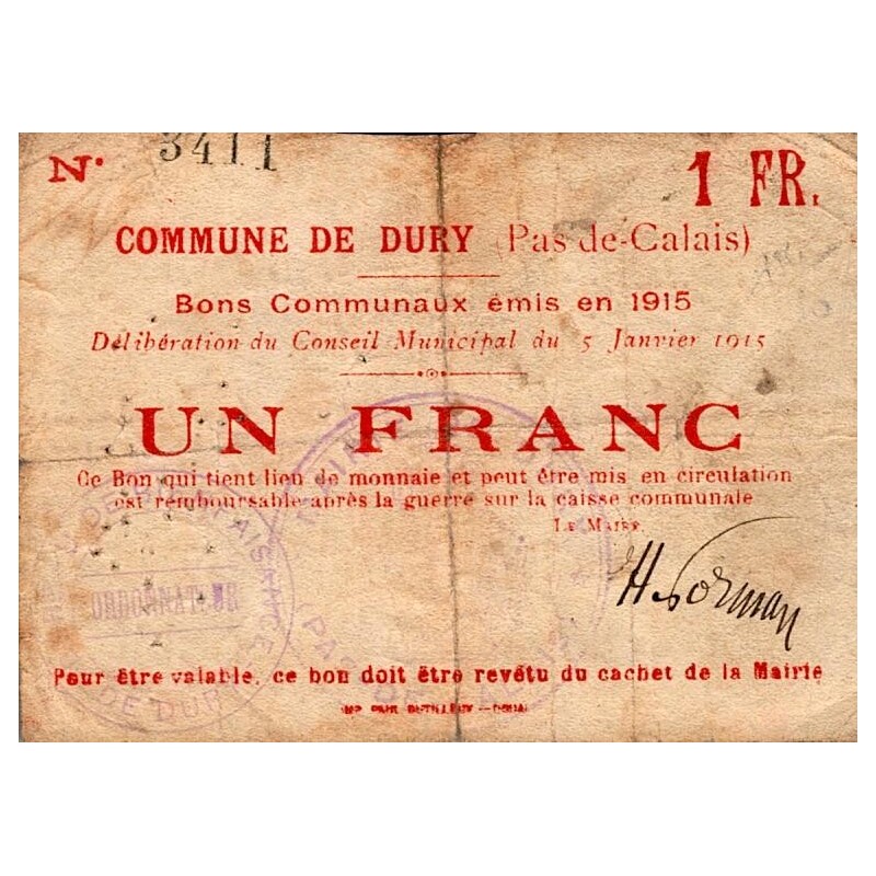 62 - DURX - BON COMMUNAUX - 1 FRANC - EMISSION 1915