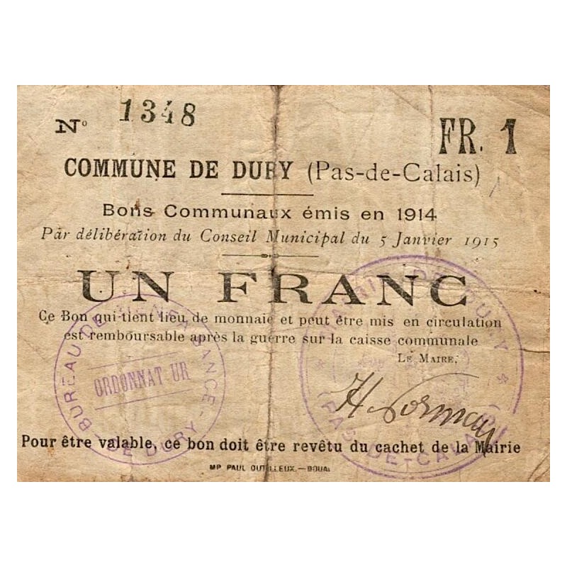 62 - DURX - BON COMMUNAUX - 1 FRANC - EMISSION 1914