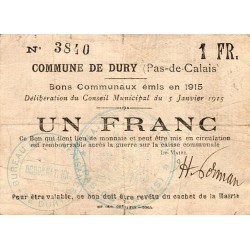 COUNTY 62 - DURX - BON COMMUNAUX - 1 FRANC - ISSUE 1915