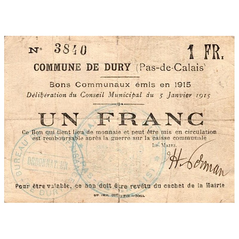 62 - DURX - BON COMMUNAUX - 1 FRANC - EMISSION 1915