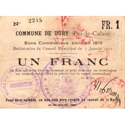 COUNTY 62 - DURX - BON COMMUNAUX - 1 FRANC - ISSUE 1915