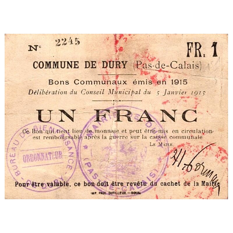 62 - DURX - BON COMMUNAUX - 1 FRANC - EMISSION 1915