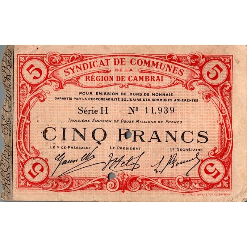 COUNTY 59 - CAMBRAI REGION - COIN BOND - FIVE FRANCS - 1916