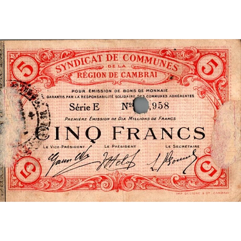 COUNTY 59 - CAMBRAI REGION - COIN BOND - FIVE FRANCS - 1916