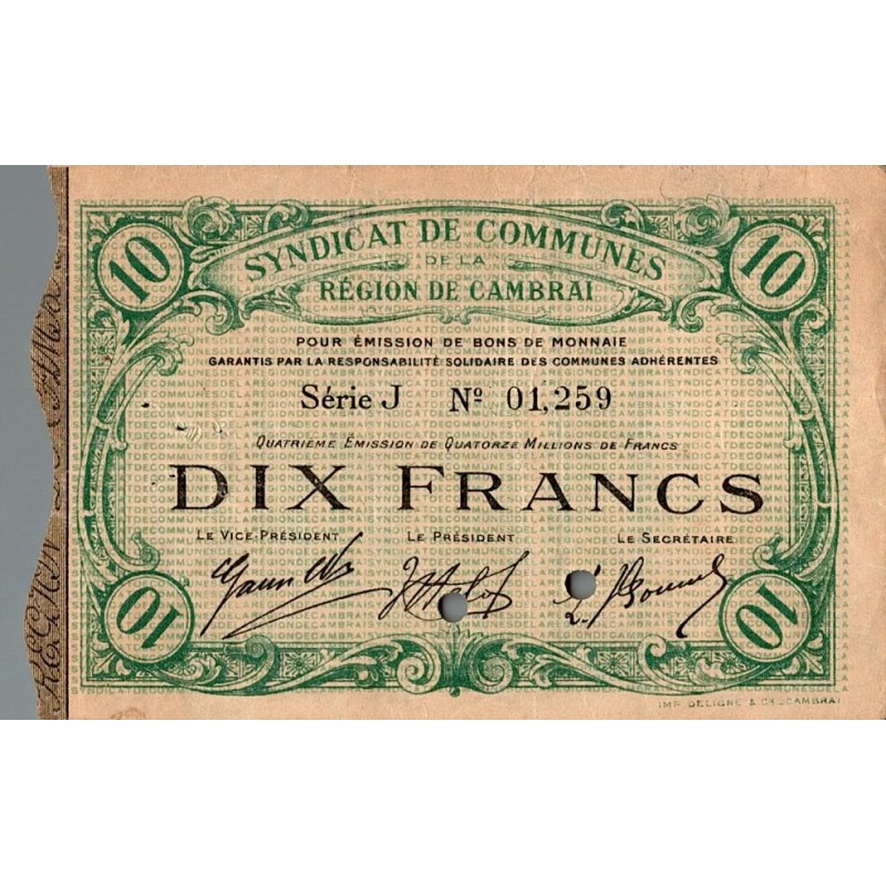 59 - REGION DE CAMBRAI - BON DE MONNAIE - DIX FRANCS - 1916