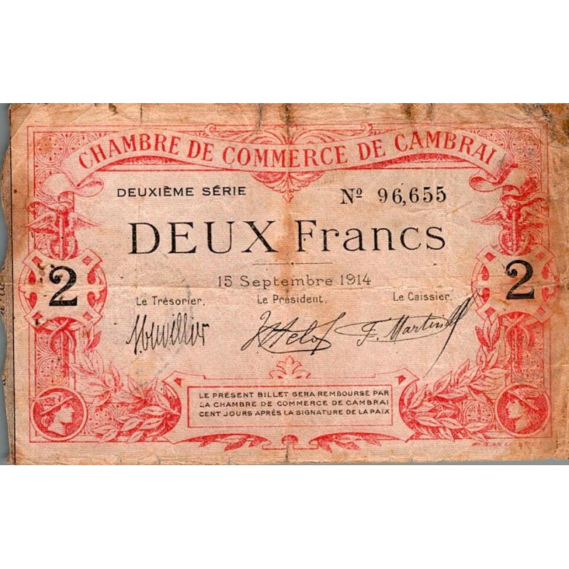 59 - CAMBRAI - CHAMBRE DE COMMERCE - 2 FRANCS - 15/09/1914