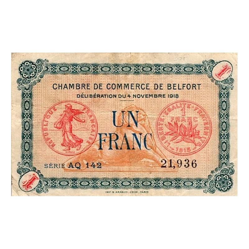 COUNTY 90 - BELFORT - CHAMBER OF COMMERCE - 1 FRANC - 04/11/1918