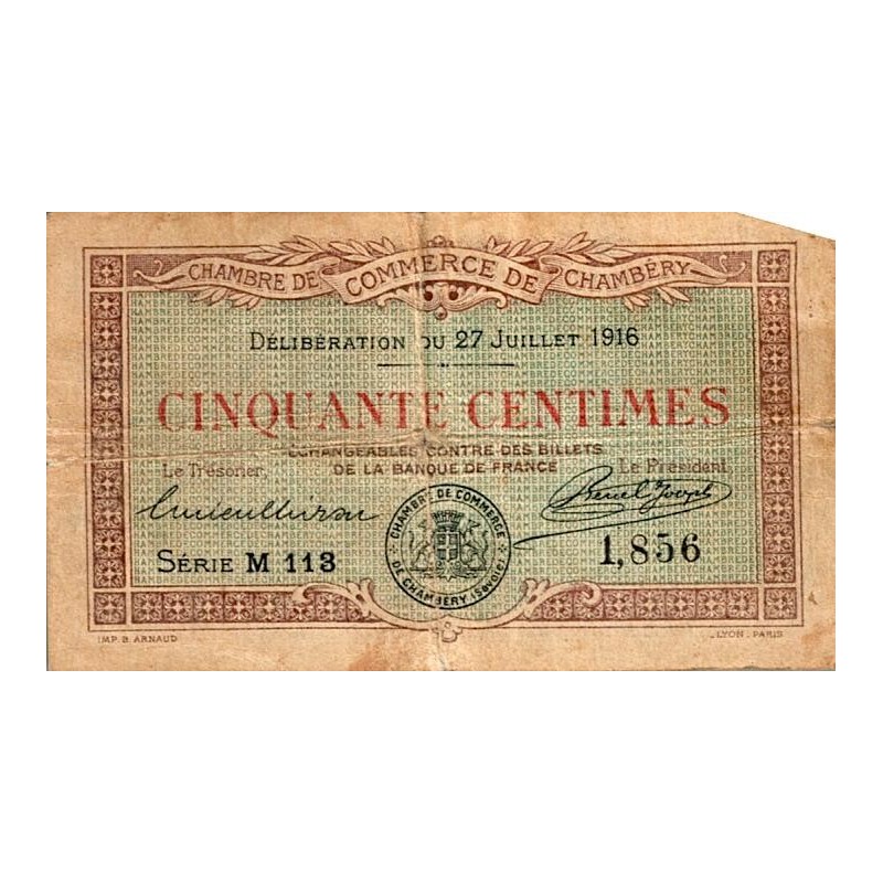 73 - CHAMBERY - CHAMBER OF COMMERCE - 50 CENTIMES - 07/27/1916