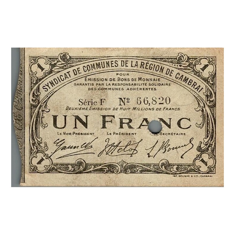 59 - CAMBRAI - BON DE MONNAIE - 1 FRANC - 10/05/1916