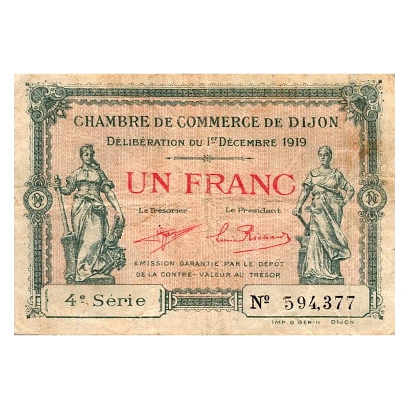 21 - DIJON - CHAMBRE DE COMMERCE - 1 FRANC - 01/12/1919