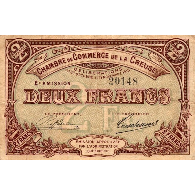 23 - CREUSE - CHAMBRE DE COMMERCE - 2 FRANCS - 26 ET 19/11/1915