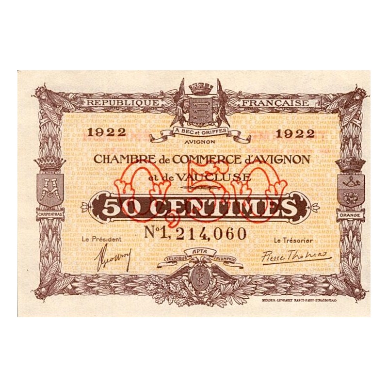 84 - AVIGNON - CHAMBRE DU COMMERCE - 50 CENTIMES - 1922