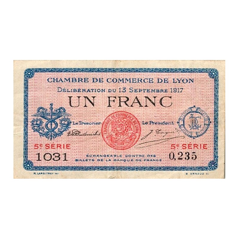 69 - LYON - CHAMBRE DE COMMERCE - 1 FRANC - 13/09/1917