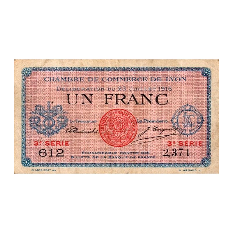 69 - LYON - CHAMBRE DE COMMERCE - 1 FRANC - 23/07/1916