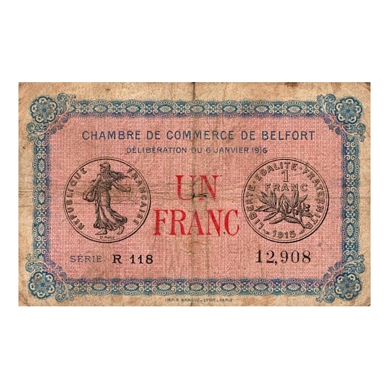 90 - BELFORT - CHAMBRE DE COMMERCE - 1 FRANC - 06/01/1916