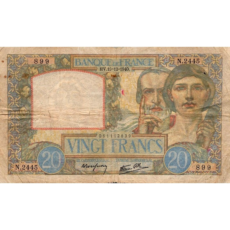 FAY 12/11 - 20 FRANCS SCIENCE ET TRAVAIL - 19/12/1940 - PICK 92