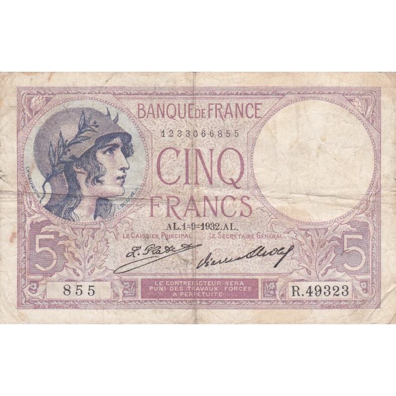 FRANKREICH - F.03/16 - 5 Francs Lila - 01/09/1932 - R.49323