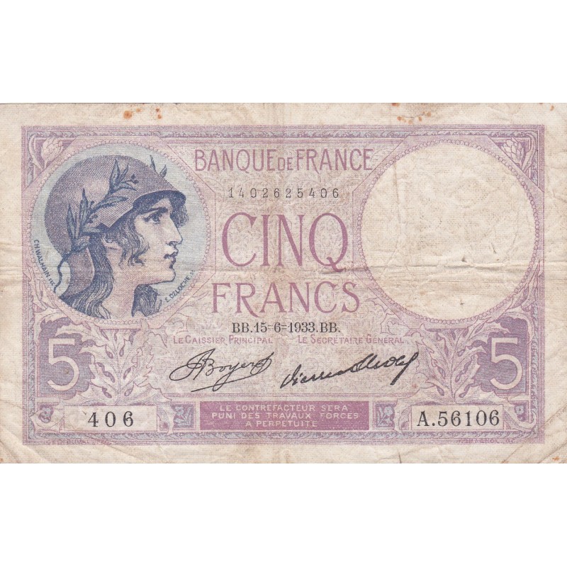 FRANCE - F.03/17 - 5 Francs Purple - 15/06/1933 - A.56106 - VG/F