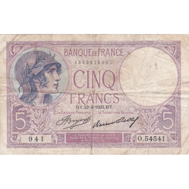 F.03/17 - 5 FRANCS VIOLET - 13/04/1933 - O.54541