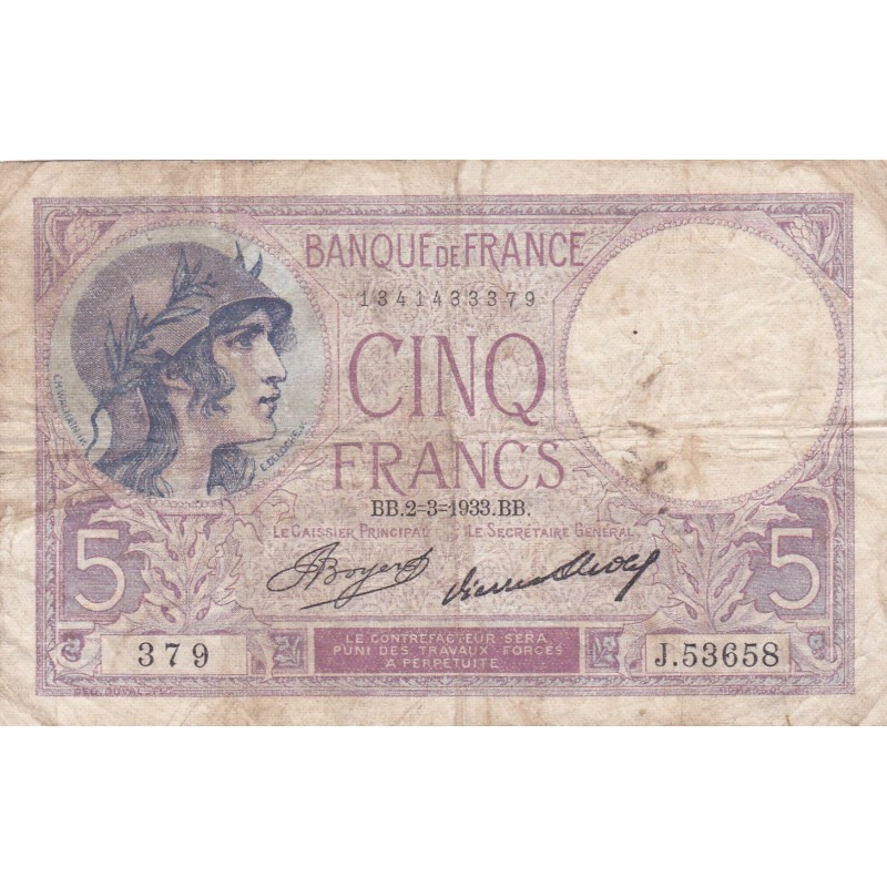 FRANCE - F.03/17 - 5 Francs Purple - 02/03/1933 - J.53658