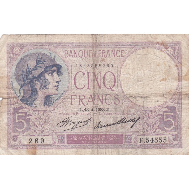 F.03/17 - 5 FRANCS VIOLET - 13/04/1933 - F.54555