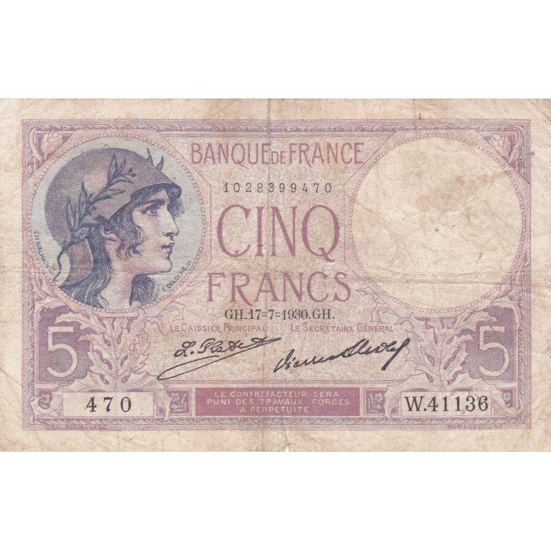 copy of FRANCE - F.03/17 - 5 Francs Purple - 05/01/1933 - Y.52249