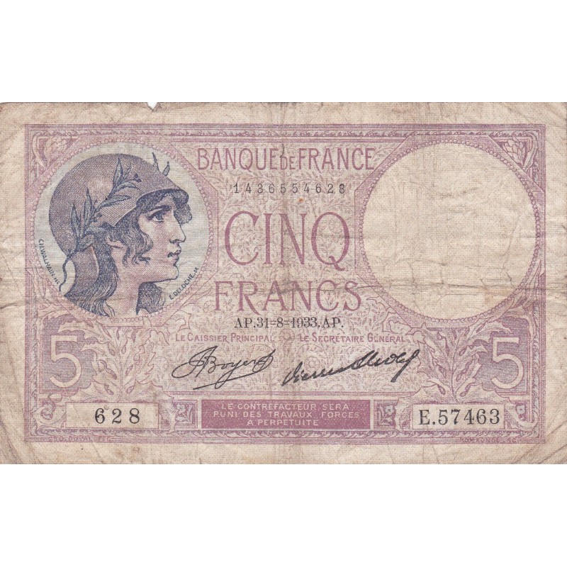 FRANCE - F.03/17 - 5 Francs Purple - 31/08/1933 - E.57463 - VG/F