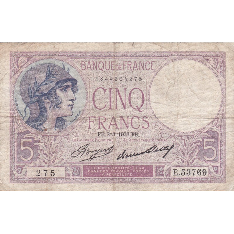 FRANKREICH - F.03/17 - 5 Francs Lila - 31/08/1933 - E.53769