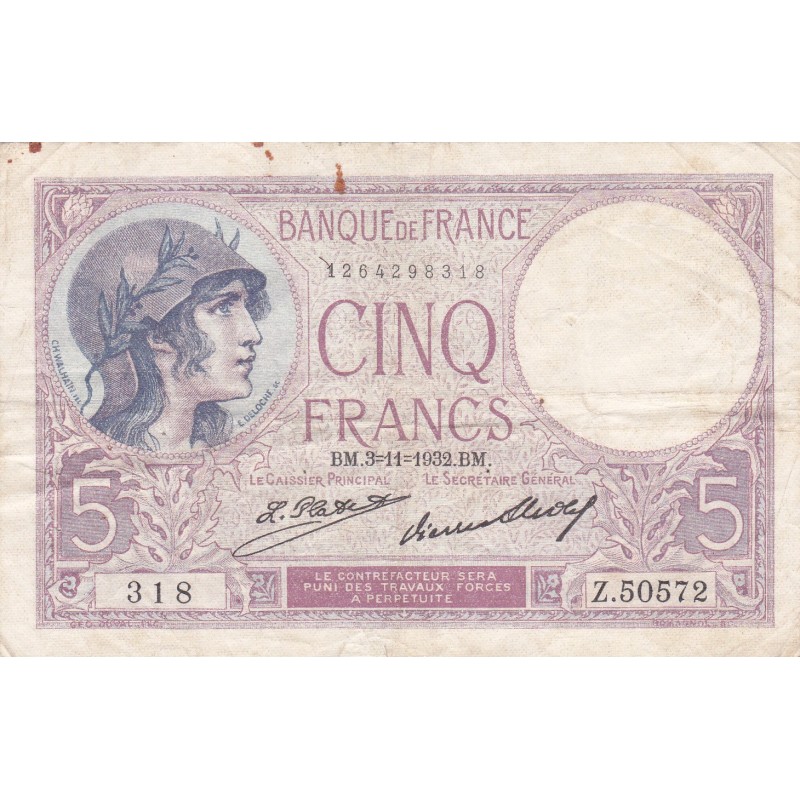 FRANKREICH - F.03/16 - 5 Francs Lila - 03/11/1932 - Z.50572