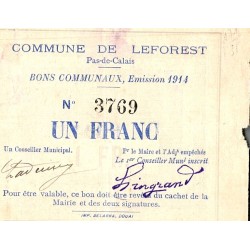 COUNTY 62 - LEFOREST - BONS COMMUNAUX - 1 FRANC - 1914