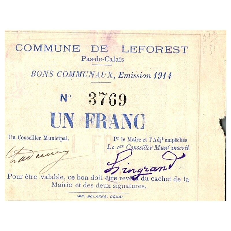 COUNTY 62 - LEFOREST - BONS COMMUNAUX - 1 FRANC - 1914