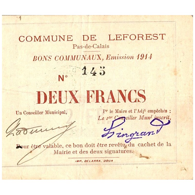 COUNTY 62 - LEFOREST - BONS COMMUNAUX - 2 FRANCS - 1914