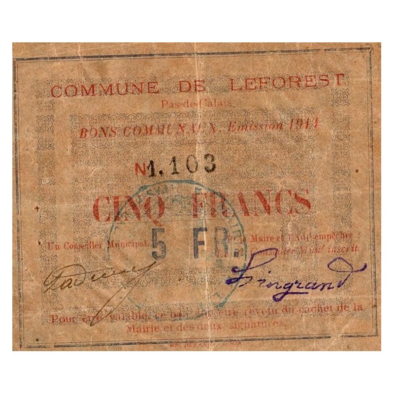 COUNTY 62 - LEFOREST - BONS COMMUNAUX - 5 FRANCS - 1914