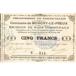 COUNTY 62 - MONCHY-LE-PREUX - COMMUNAL BONDS - 5 FRANCS - 02/20/1915