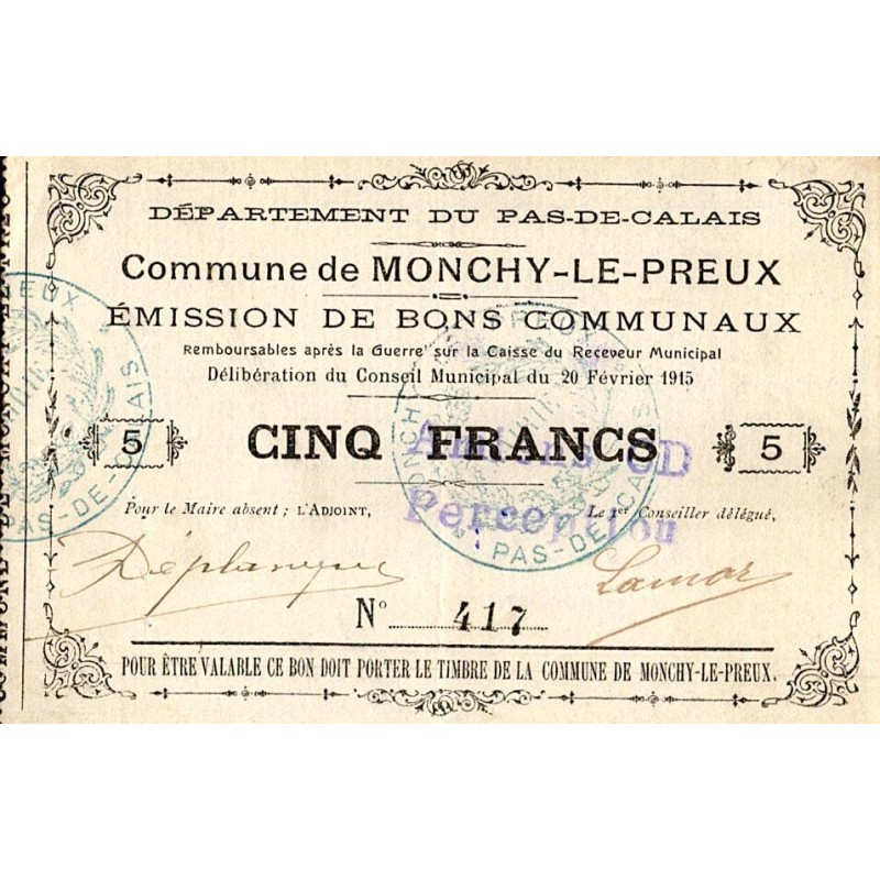 COUNTY 62 - MONCHY-LE-PREUX - COMMUNAL BONDS - 5 FRANCS - 02/20/1915