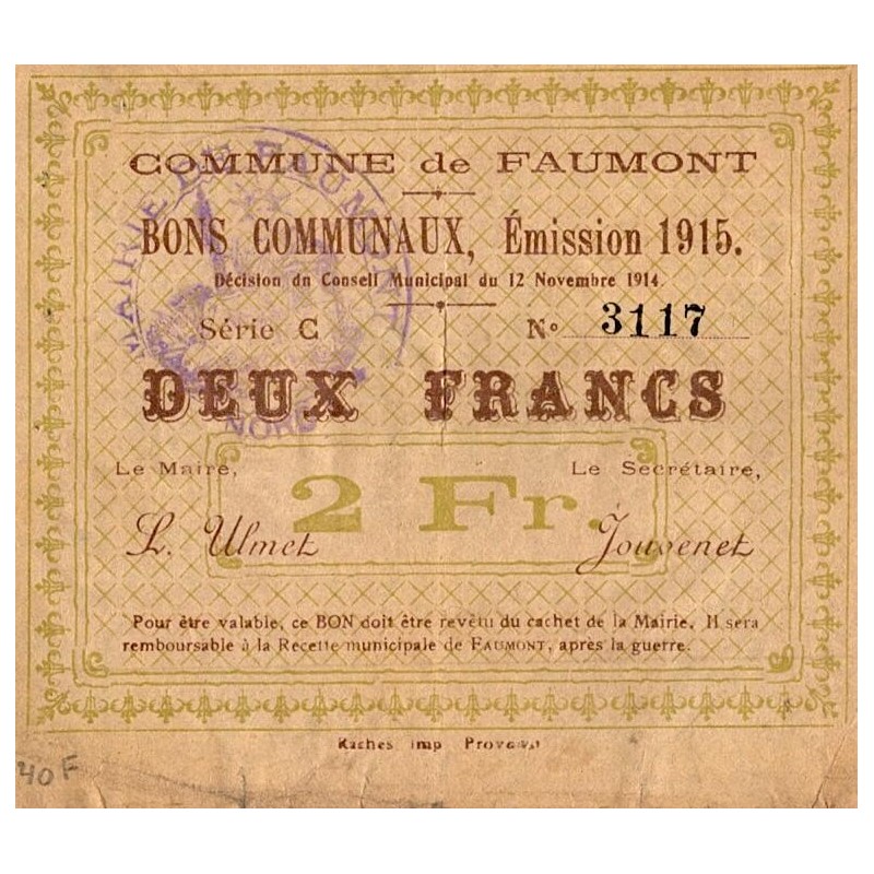 COUNTY 59 - FAUMONT - BON COMMUNAUX - 2 FRANCS - 12/11/1914