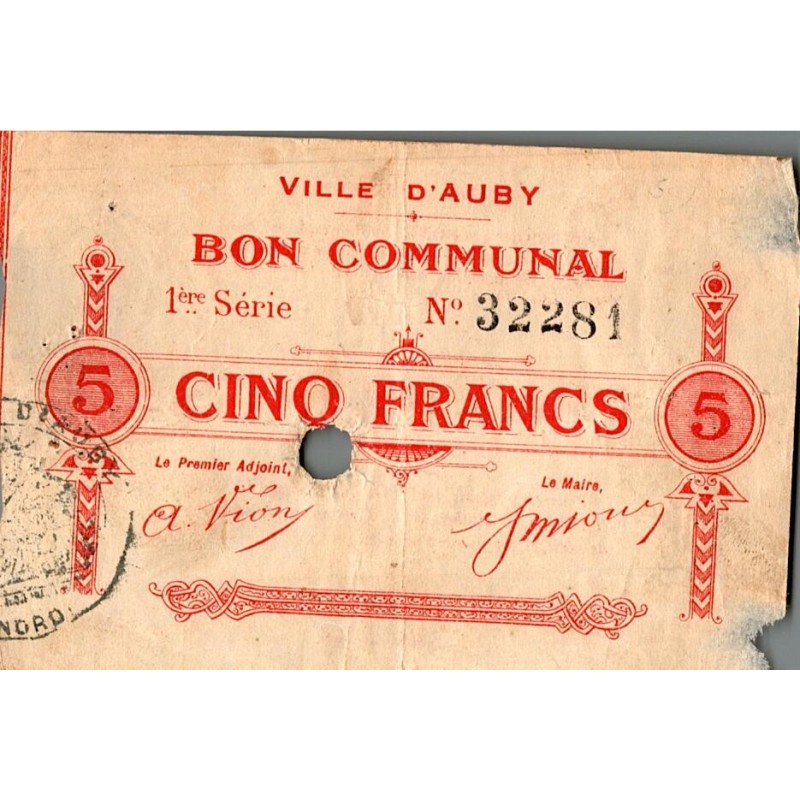 COUNTY 59 - AUBY - COMMUNAL GOOD - 5 FRANCS - 05/12/1914 - 1ST SERIES