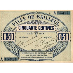 COUNTY 59 - BAILLEUL - 50 CENTIMES - AUGUST 1914 - SERIES A