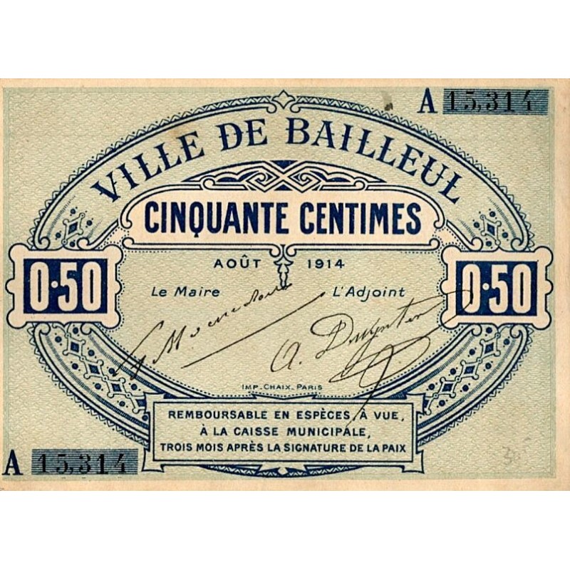 COUNTY 59 - BAILLEUL - 50 CENTIMES - AUGUST 1914 - SERIES A