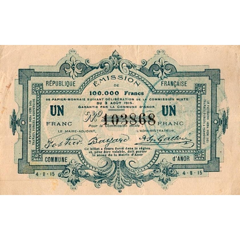 COUNTY 59 - ANOR - BON COMMUNAL - 1 FRANC - AUGUST 3, 1915