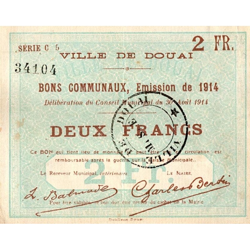 County 59 - DOUAI - BON DE 2 FRANCS - 30/08/1914 - C5