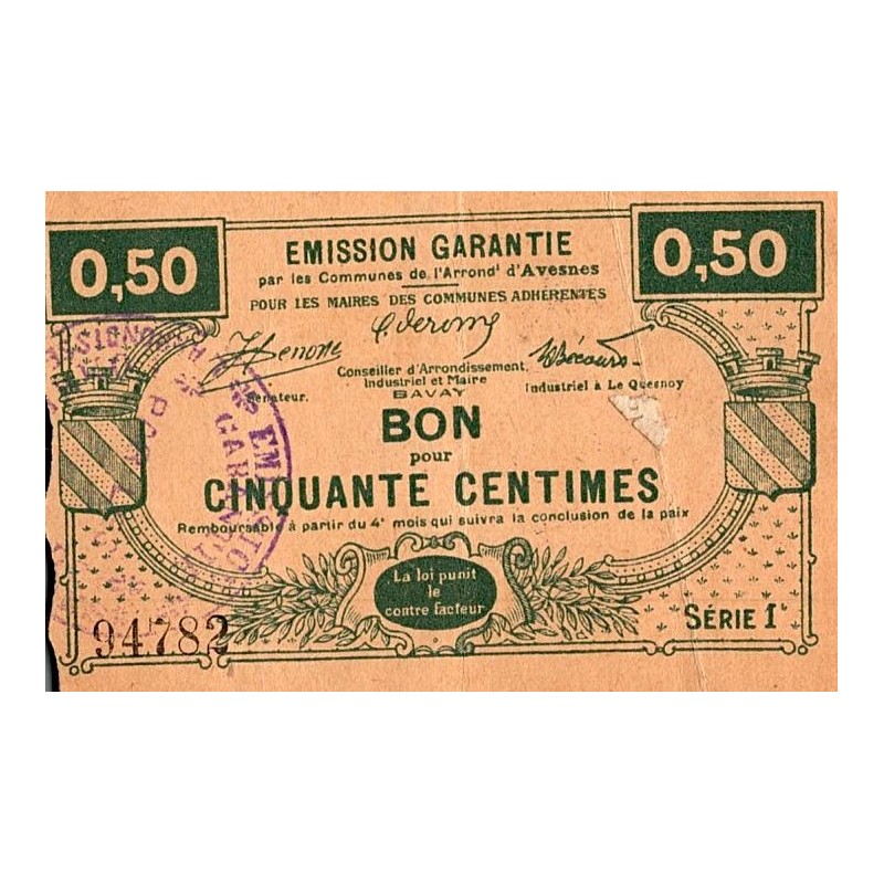 County 59 - Avesnes district - Good for 50 centimes - Series 1